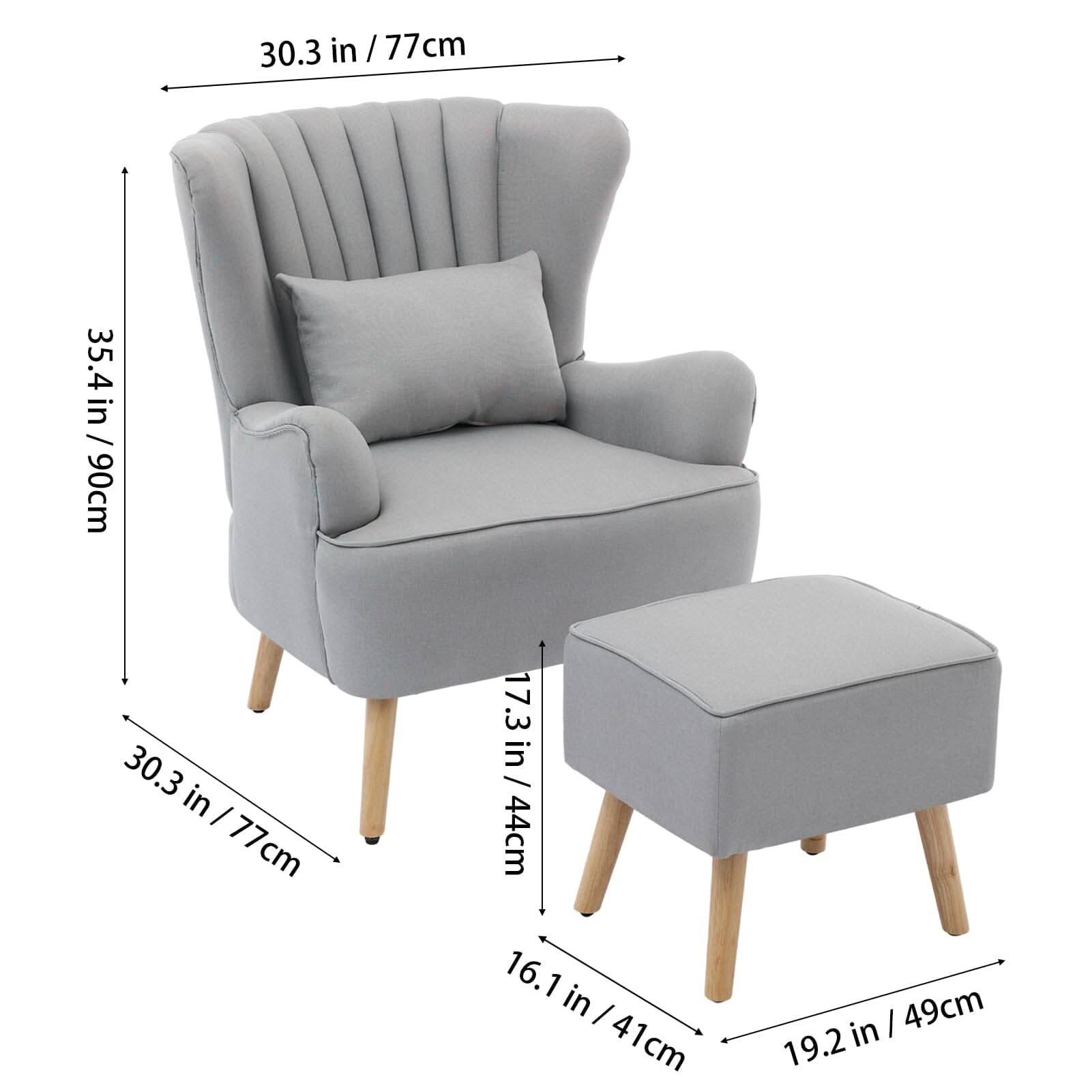 Modern Wingback Accent Chair with Ottoman and Pillow Off White