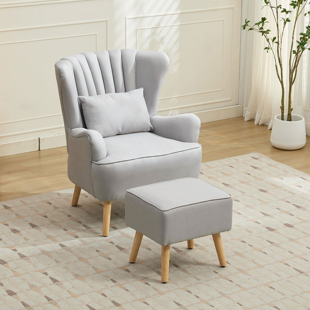 Modern Wingback Accent Chair with Ottoman and Pillow Off White