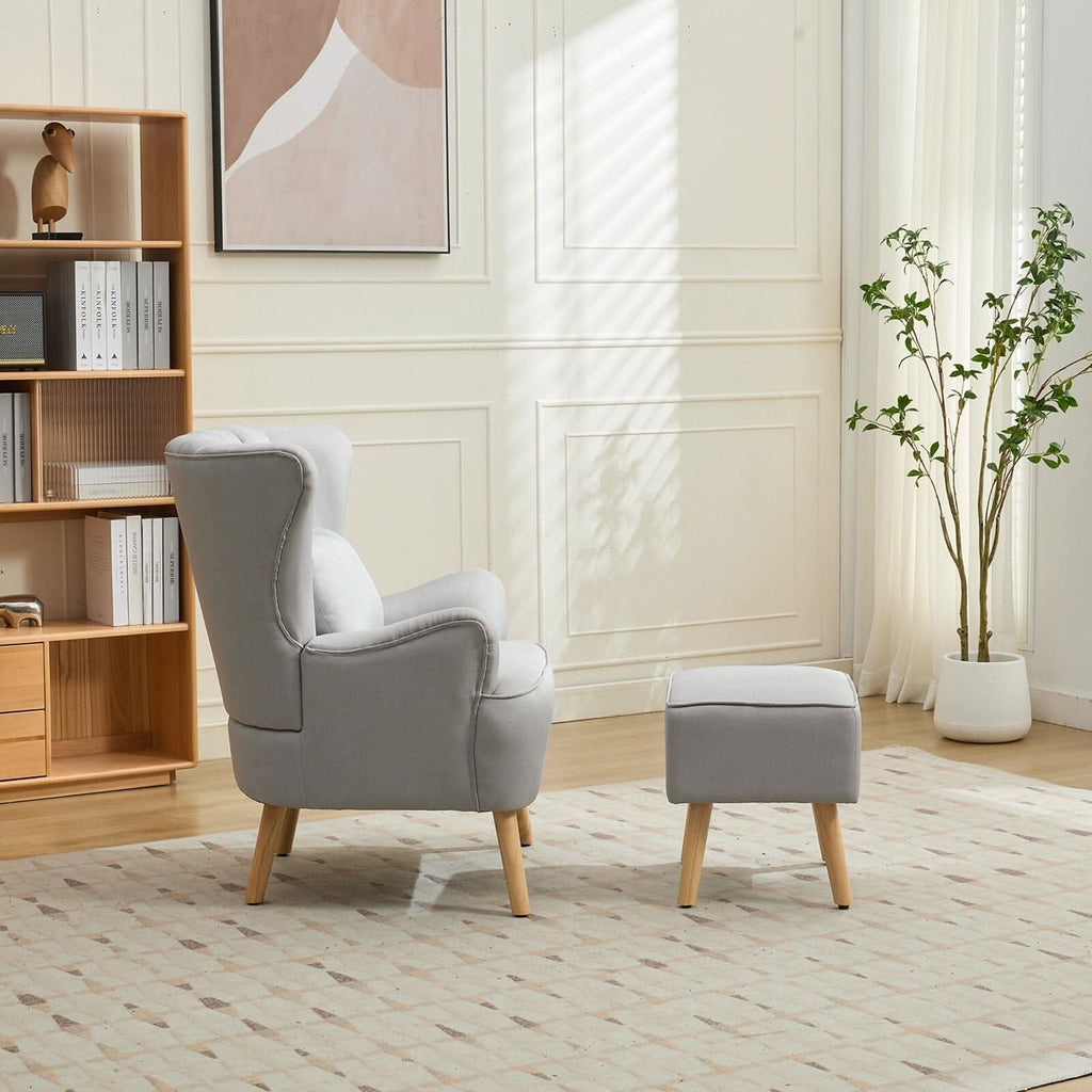 Modern Wingback Accent Chair with Ottoman and Pillow Off White