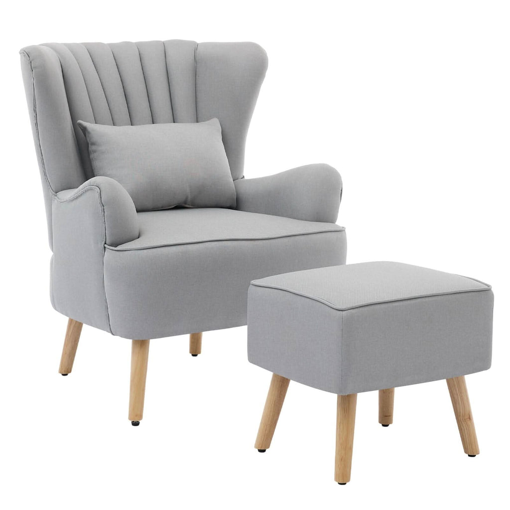 Modern Wingback Accent Chair with Ottoman and Pillow Off White