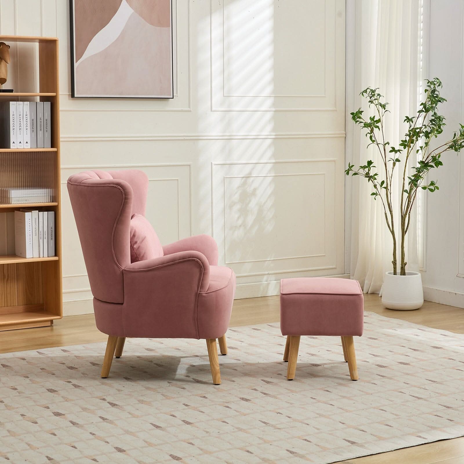 Modern Wingback Accent Chair with Ottoman and Pillow