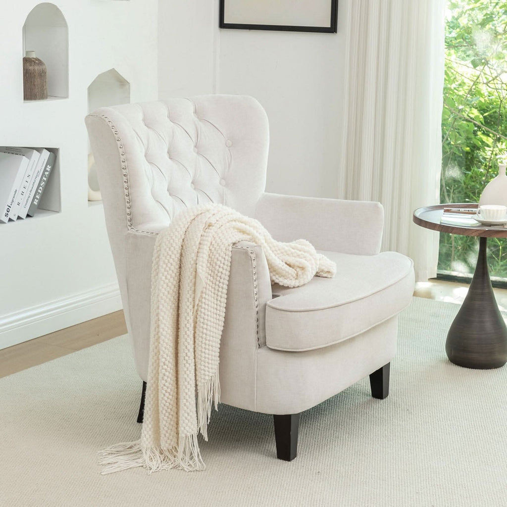 Accent Chair Off-White Bread Shaped Linen Black Solid Wood Legs