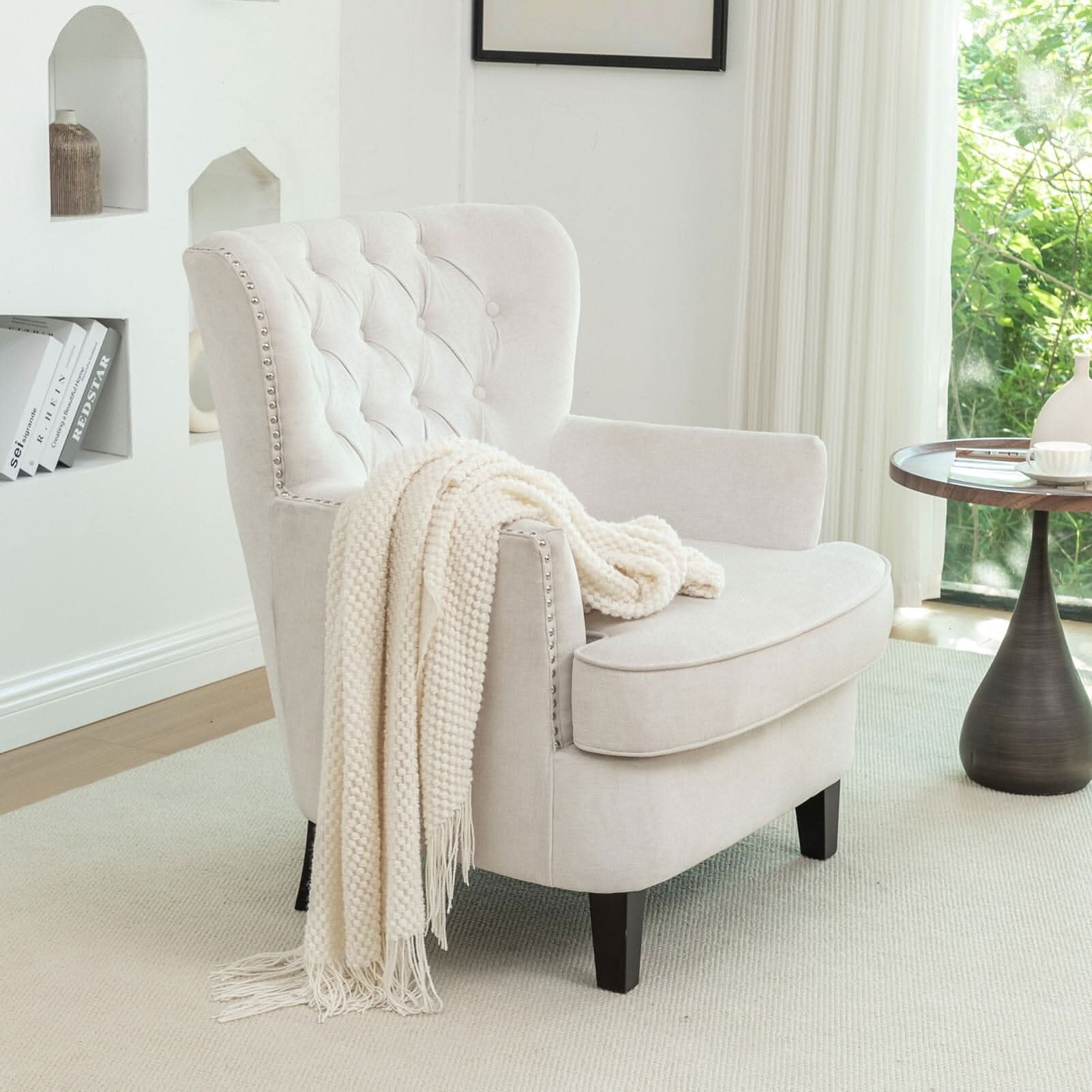 Accent Chair Off-White Bread Shaped Linen Black Solid Wood Legs