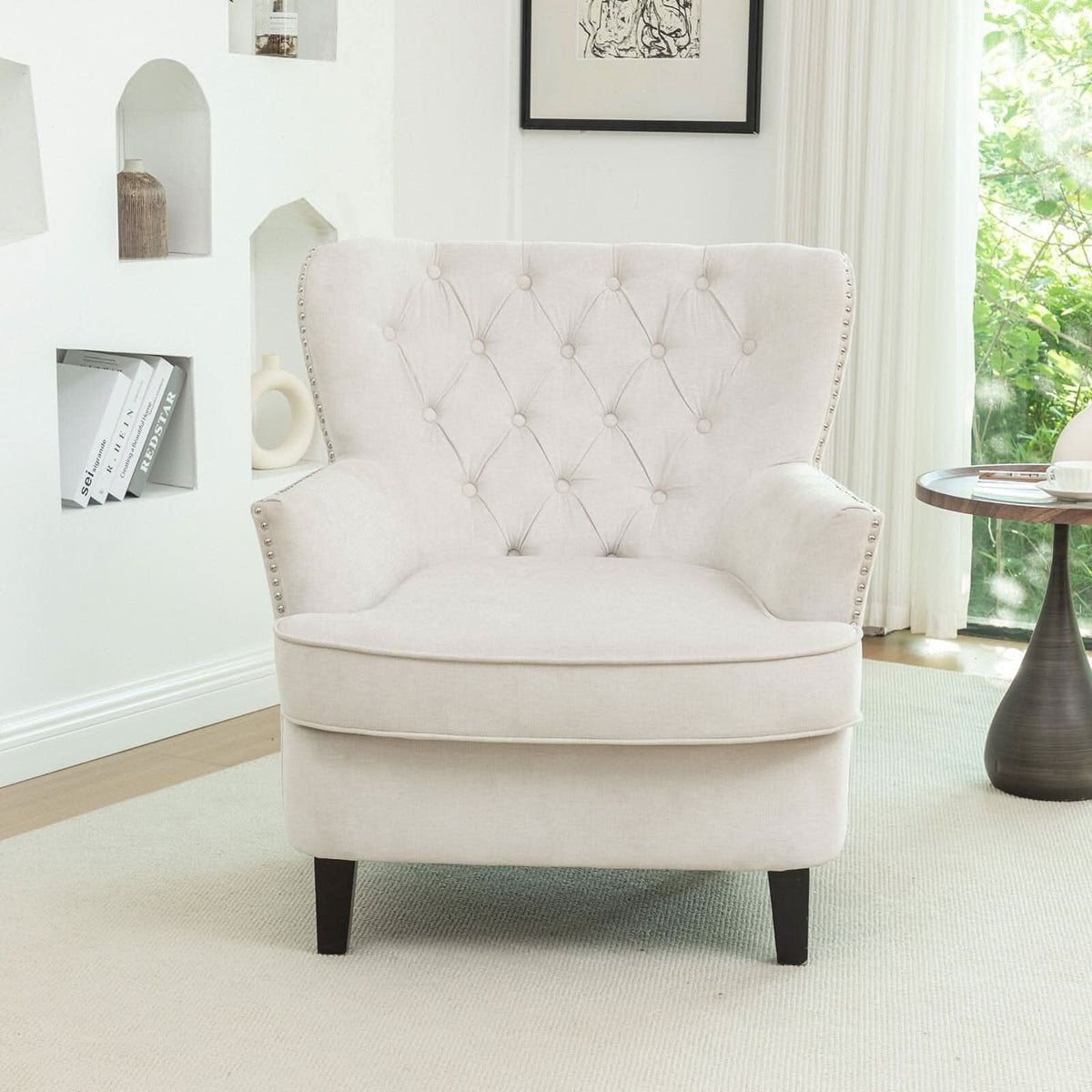 Accent Chair Off-White Bread Shaped Linen Black Solid Wood Legs