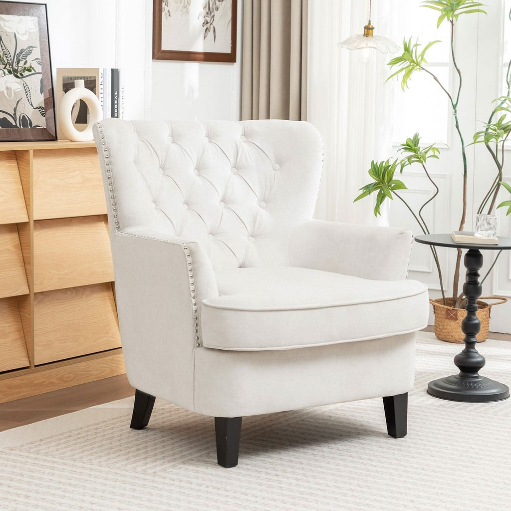 Accent Chair Off-White Bread Shaped Linen Black Solid Wood Legs