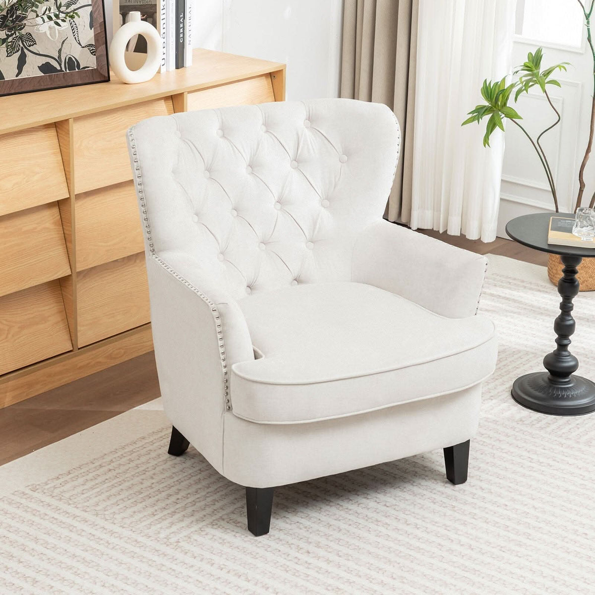 Accent Chair Off-White Bread Shaped Linen Black Solid Wood Legs