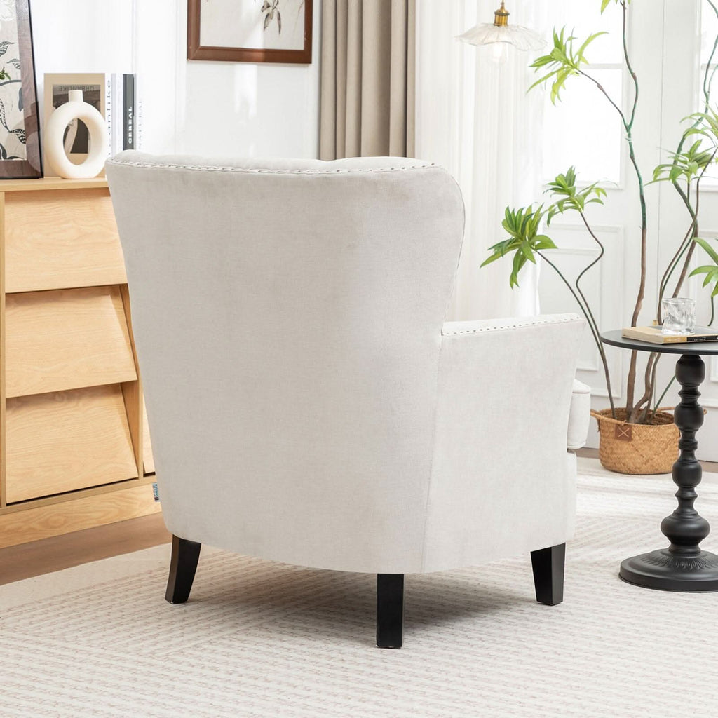 Accent Chair Off-White Bread Shaped Linen Black Solid Wood Legs
