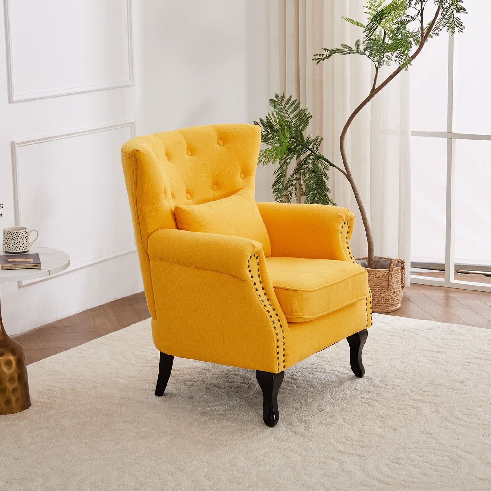 Accent Chair Yellow Velvet Linen Deep Tufted Back High Tiger Legs