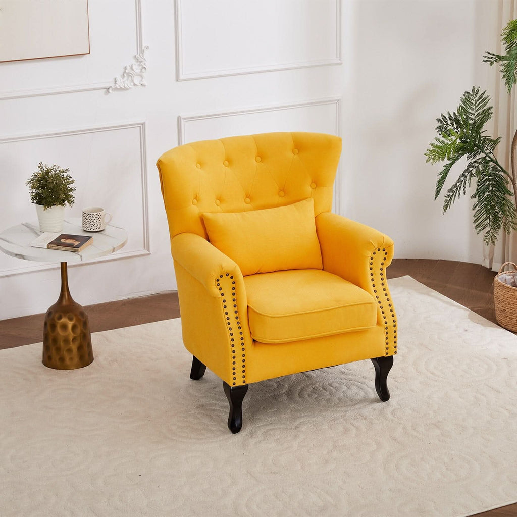 Accent Chair Yellow Velvet Linen Deep Tufted Back High Tiger Legs