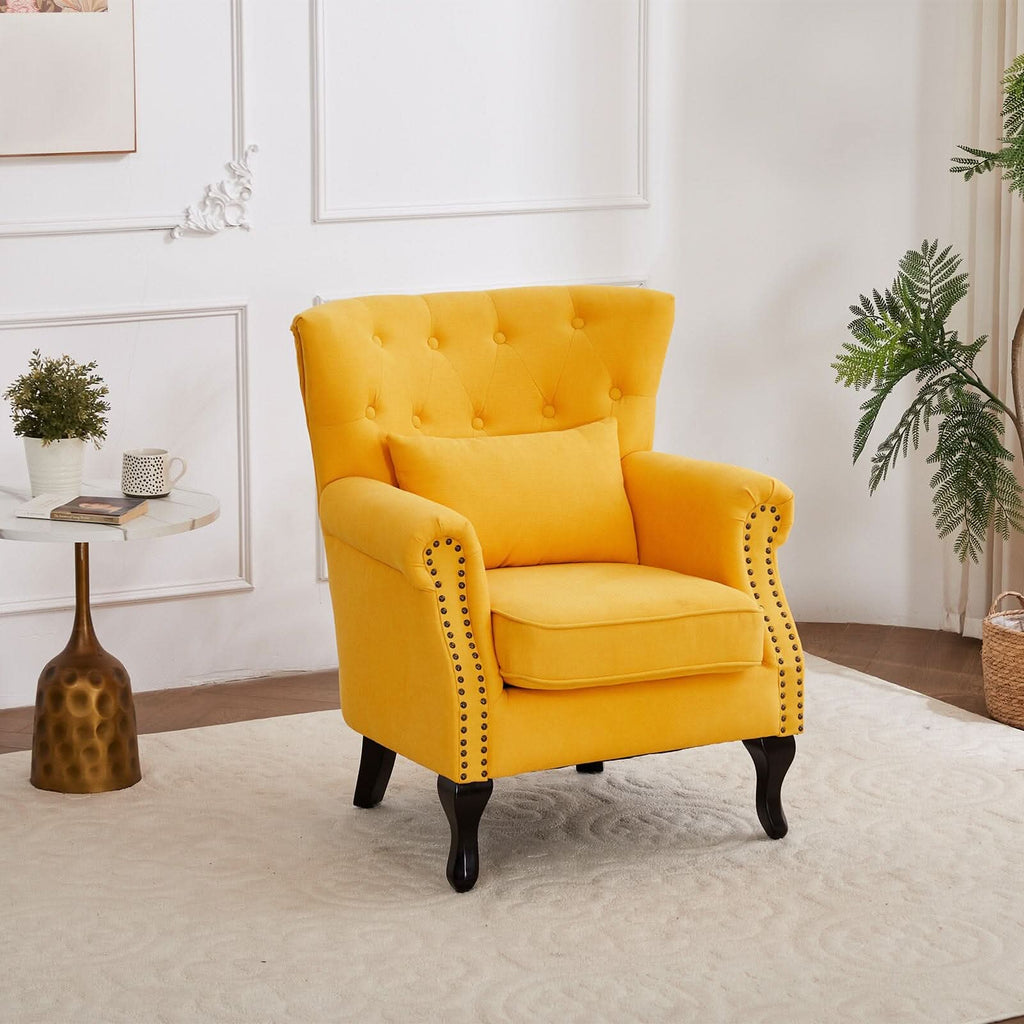 Accent Chair Yellow Velvet Linen Deep Tufted Back High Tiger Legs
