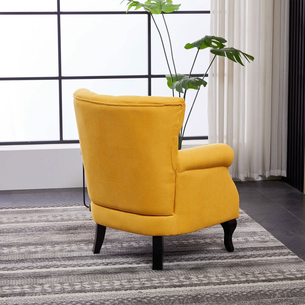 Accent Chair Yellow Velvet Linen Deep Tufted Back High Tiger Legs