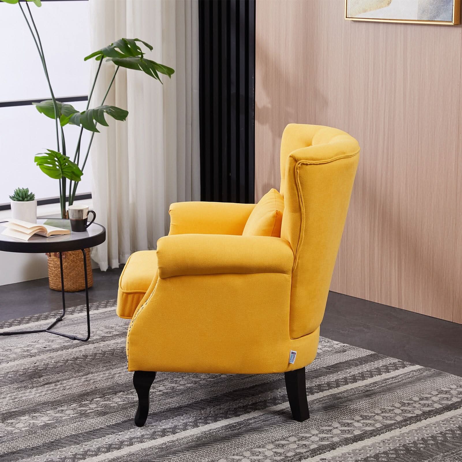 Accent Chair Yellow Velvet Linen Deep Tufted Back High Tiger Legs