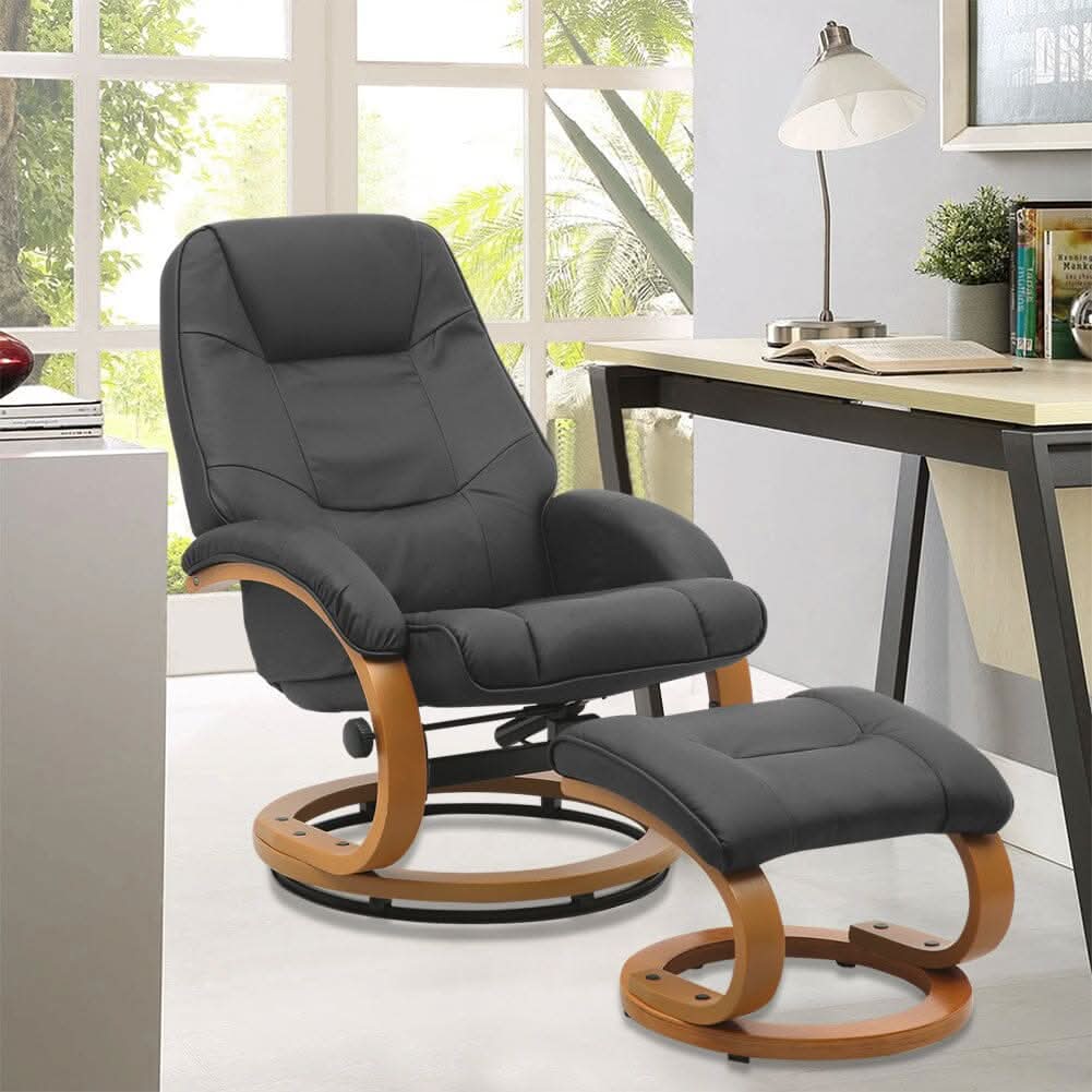 Executive Chair with Ottoman Grey PU Leather 360 Swivel Wood Base