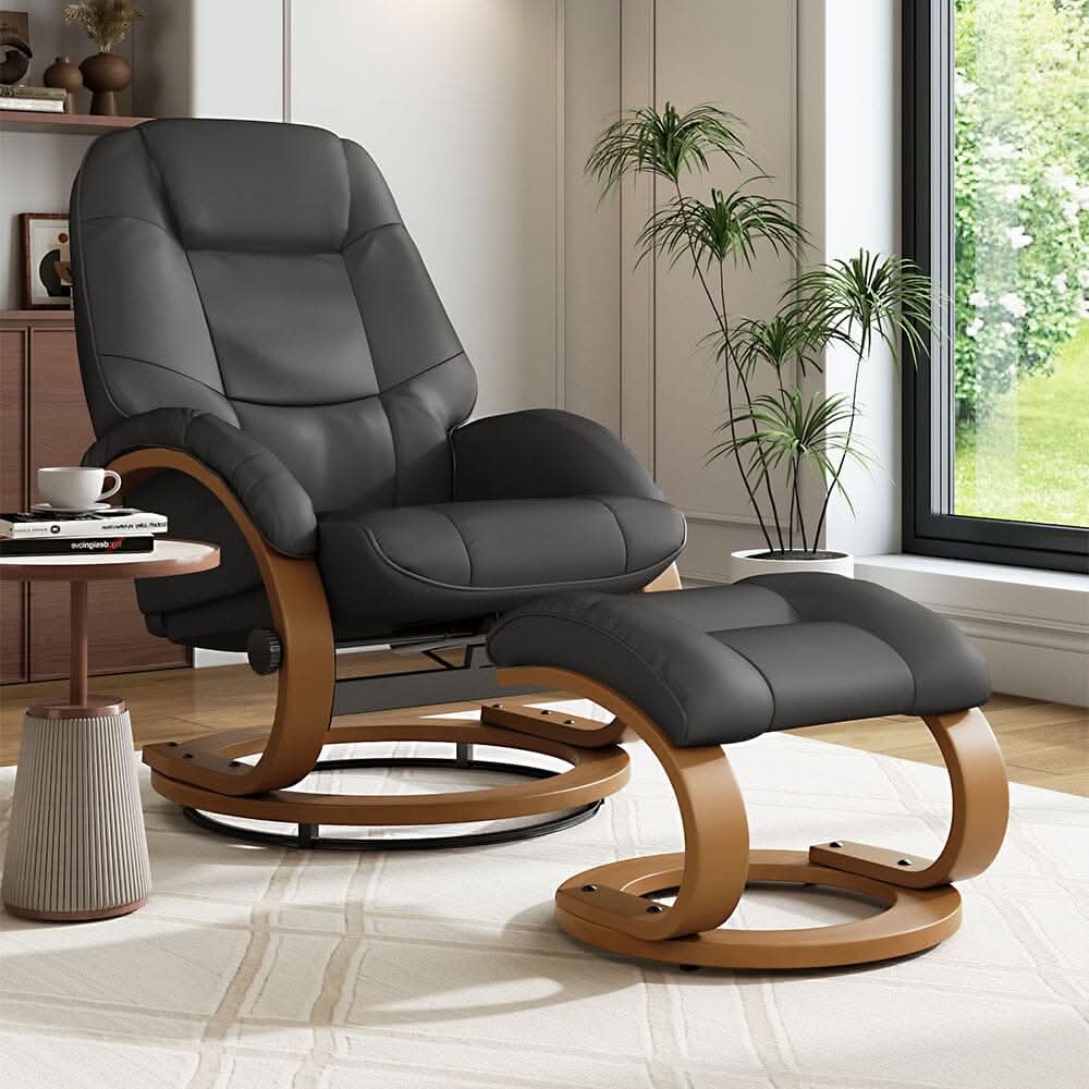 Executive Chair with Ottoman Grey PU Leather 360 Swivel Wood Base