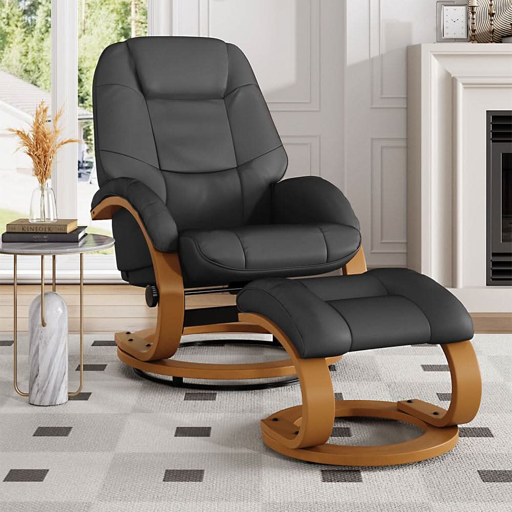 Executive Chair with Ottoman Grey PU Leather 360 Swivel Wood Base