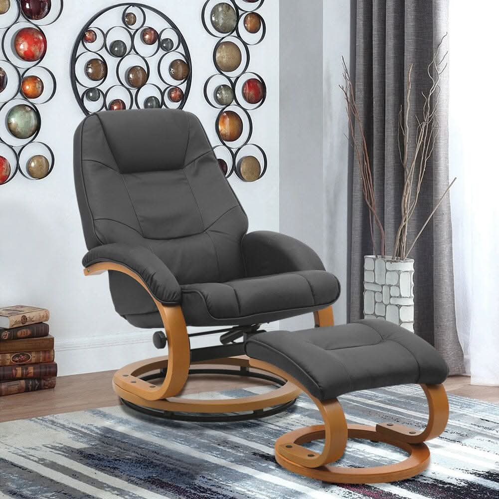 Executive Chair with Ottoman Grey PU Leather 360 Swivel Wood Base