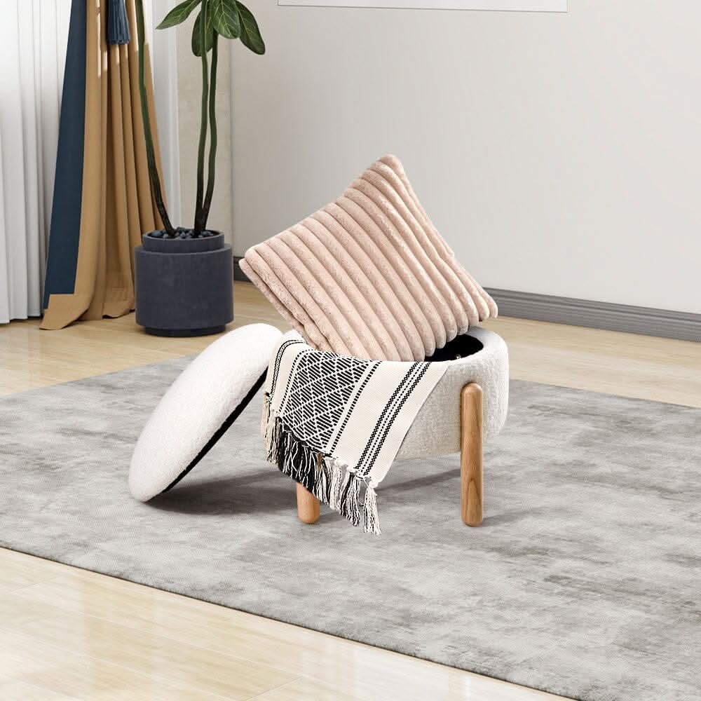 Off-White Mini Teddy Fleece Storage Ottoman with Wooden Legs