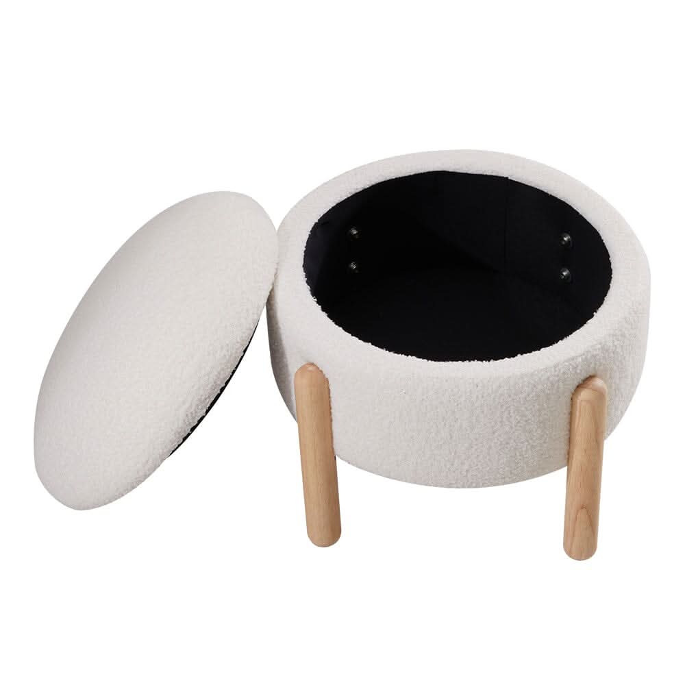 Off-White Mini Teddy Fleece Storage Ottoman with Wooden Legs