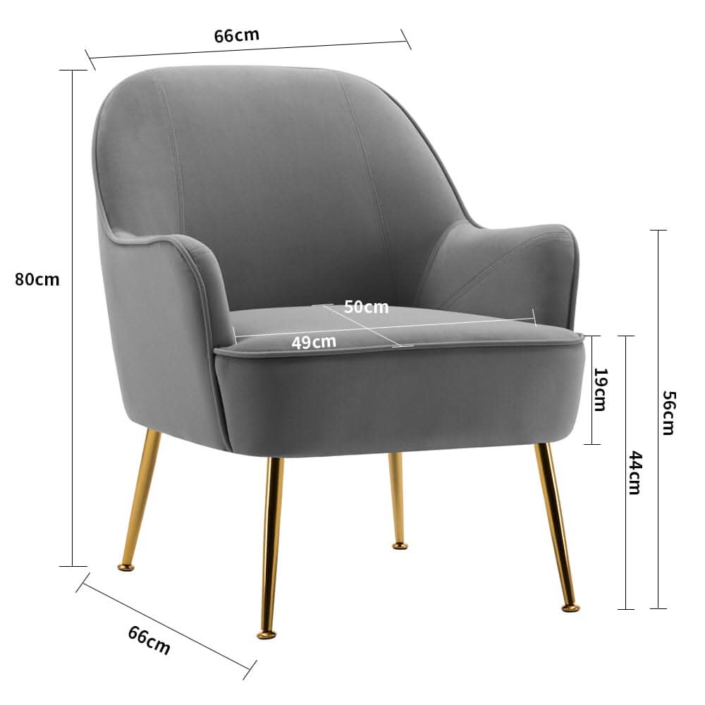 Glam Accent Chair Grey Velvet with Gold Plated Legs