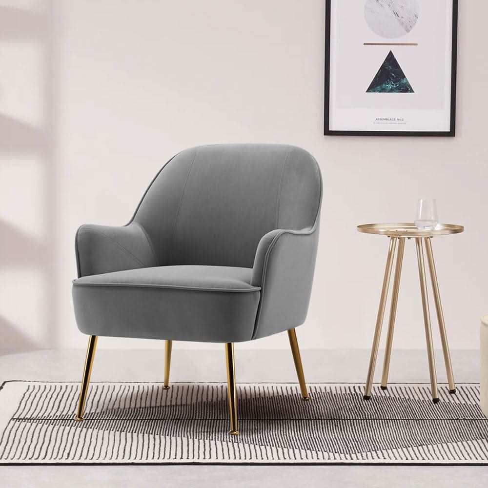 Glam Accent Chair Grey Velvet with Gold Plated Legs
