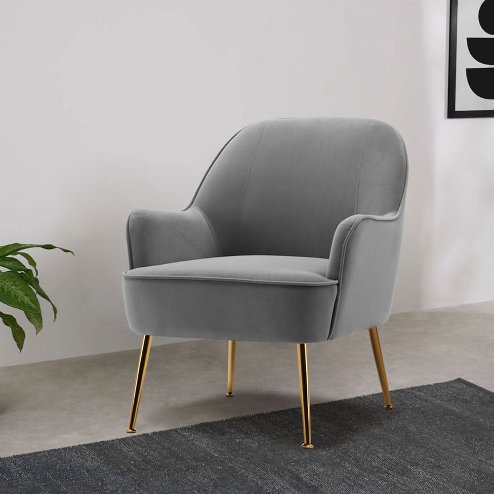 Glam Accent Chair Grey Velvet with Gold Plated Legs