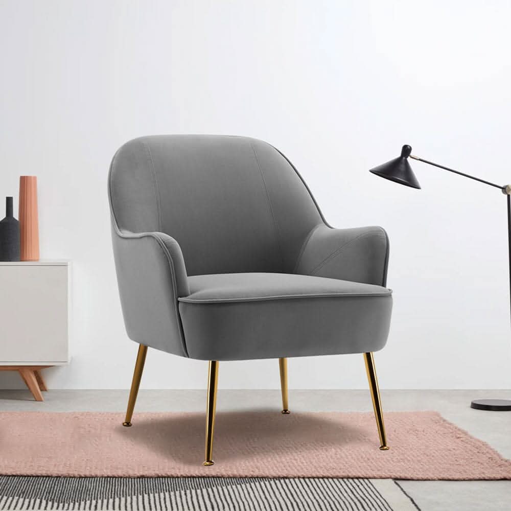 Glam Accent Chair Grey Velvet with Gold Plated Legs