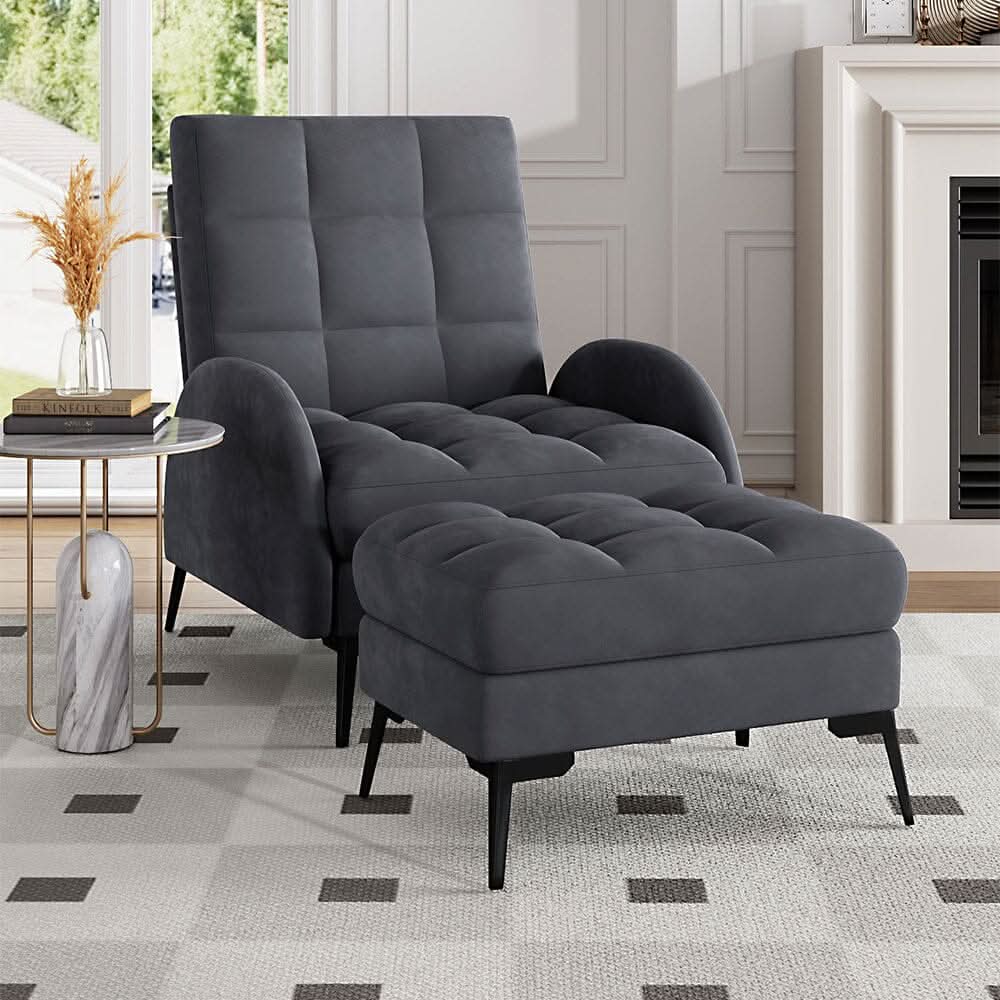 Sofa Bed Lamb Fleece 3 Recline Positions Black Metal Legs with Ottoman