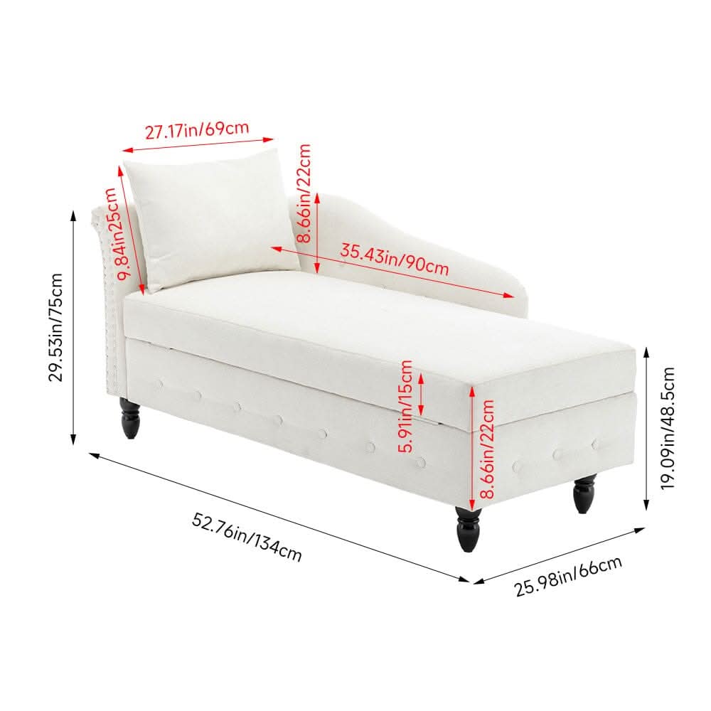 Storage Chaise Lounge White Chenille with Cushion Black Rubber Wood Legs