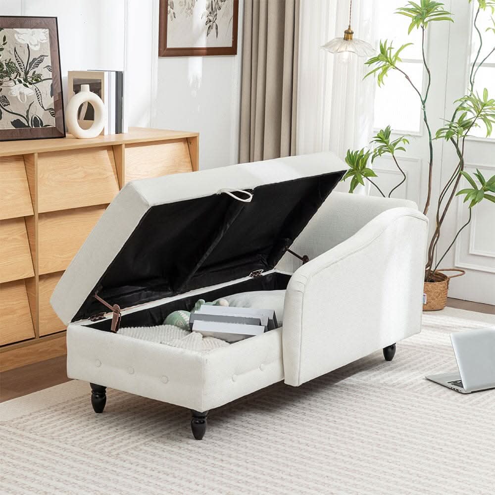 Storage Chaise Lounge White Chenille with Cushion Black Rubber Wood Legs