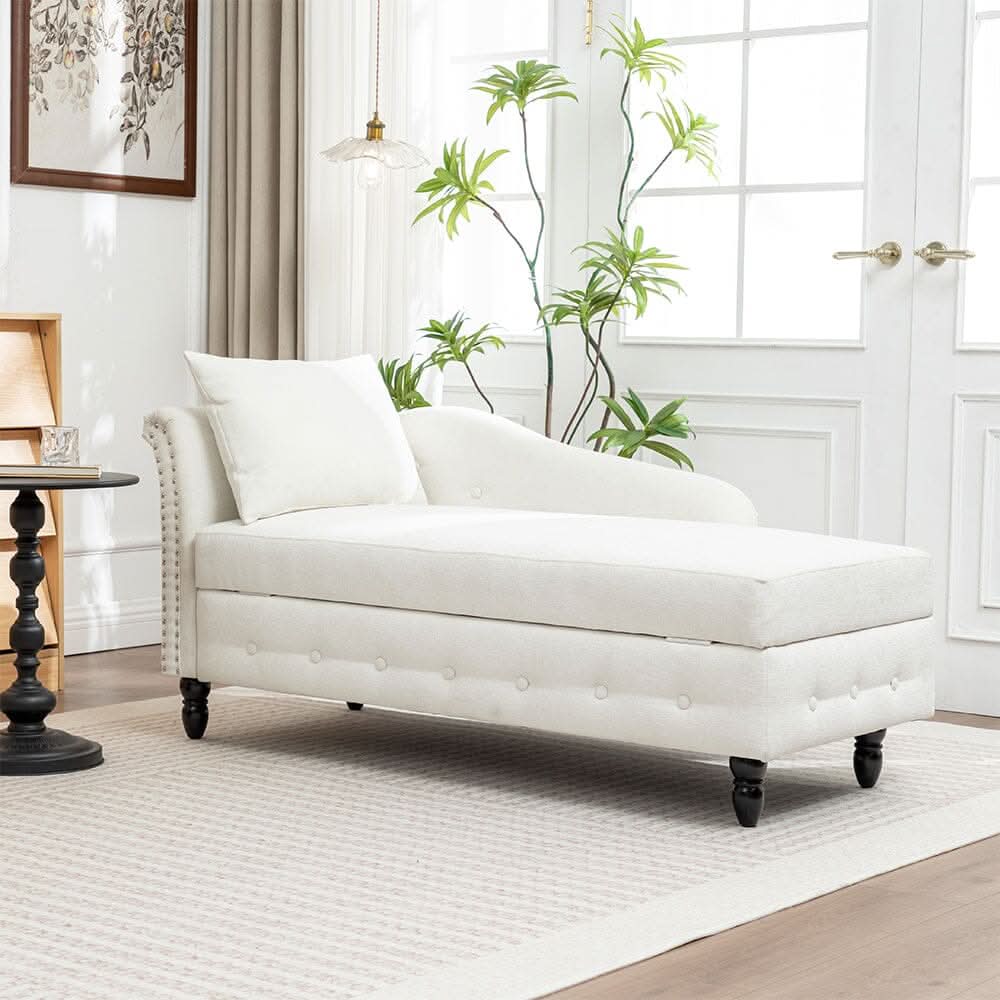 Storage Chaise Lounge White Chenille with Cushion Black Rubber Wood Legs