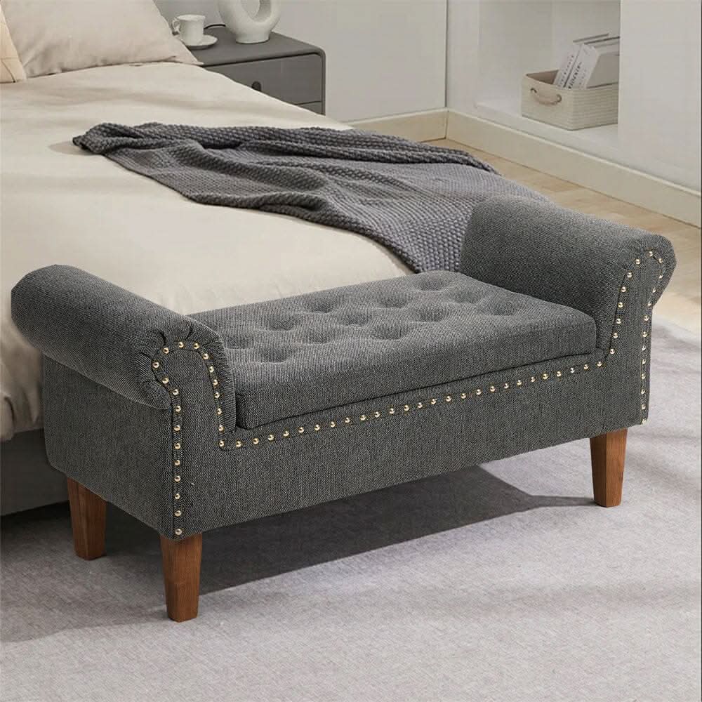 Grey Linen Storage Bench with Tufted Top, Walnut Legs &amp; Gold Studs