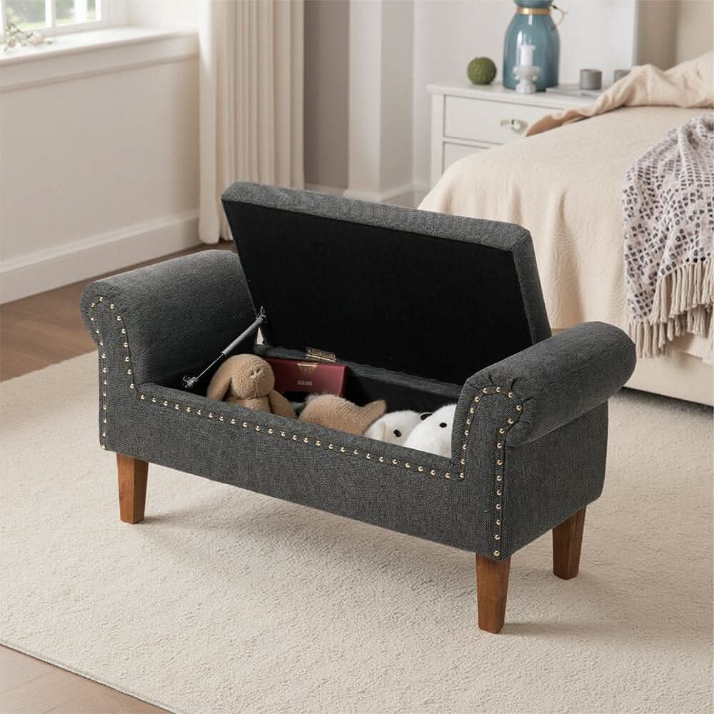 Grey Linen Storage Bench with Tufted Top, Walnut Legs &amp; Gold Studs