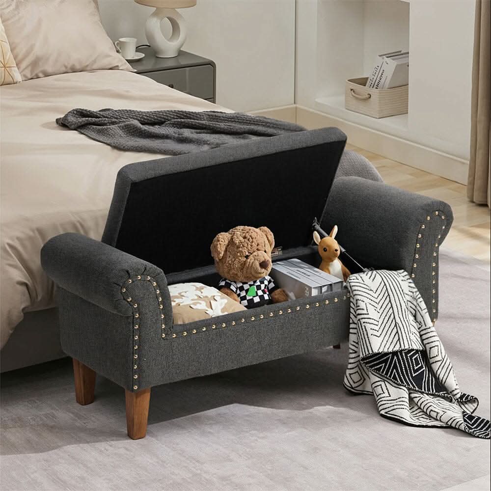 Grey Linen Storage Bench with Tufted Top, Walnut Legs &amp; Gold Studs
