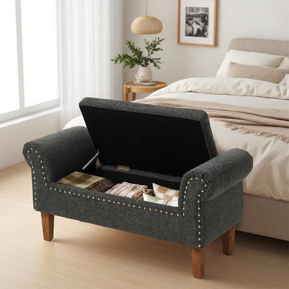 Grey Linen Storage Bench with Tufted Top, Walnut Legs &amp; Gold Studs