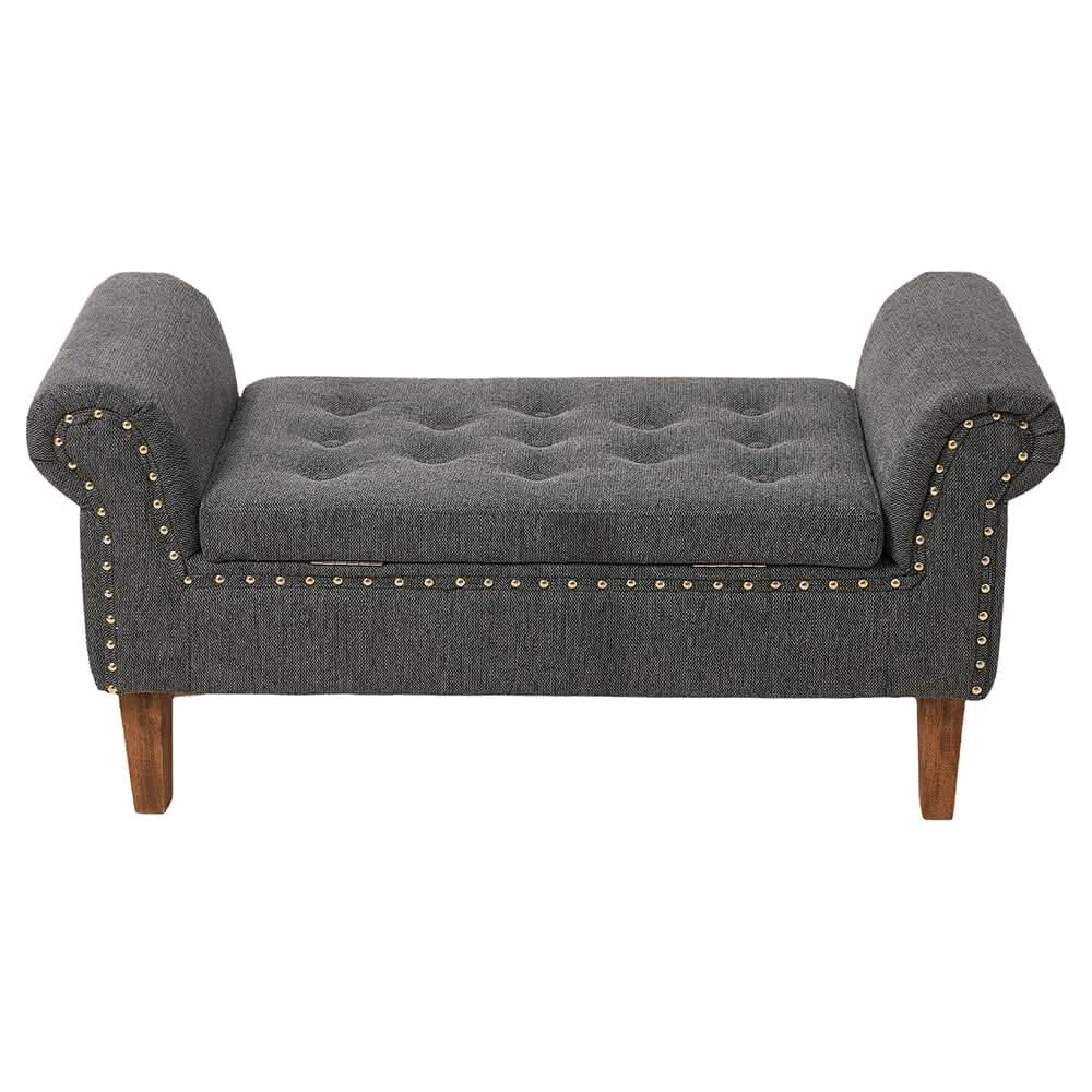 Grey Linen Storage Bench with Tufted Top, Walnut Legs &amp; Gold Studs