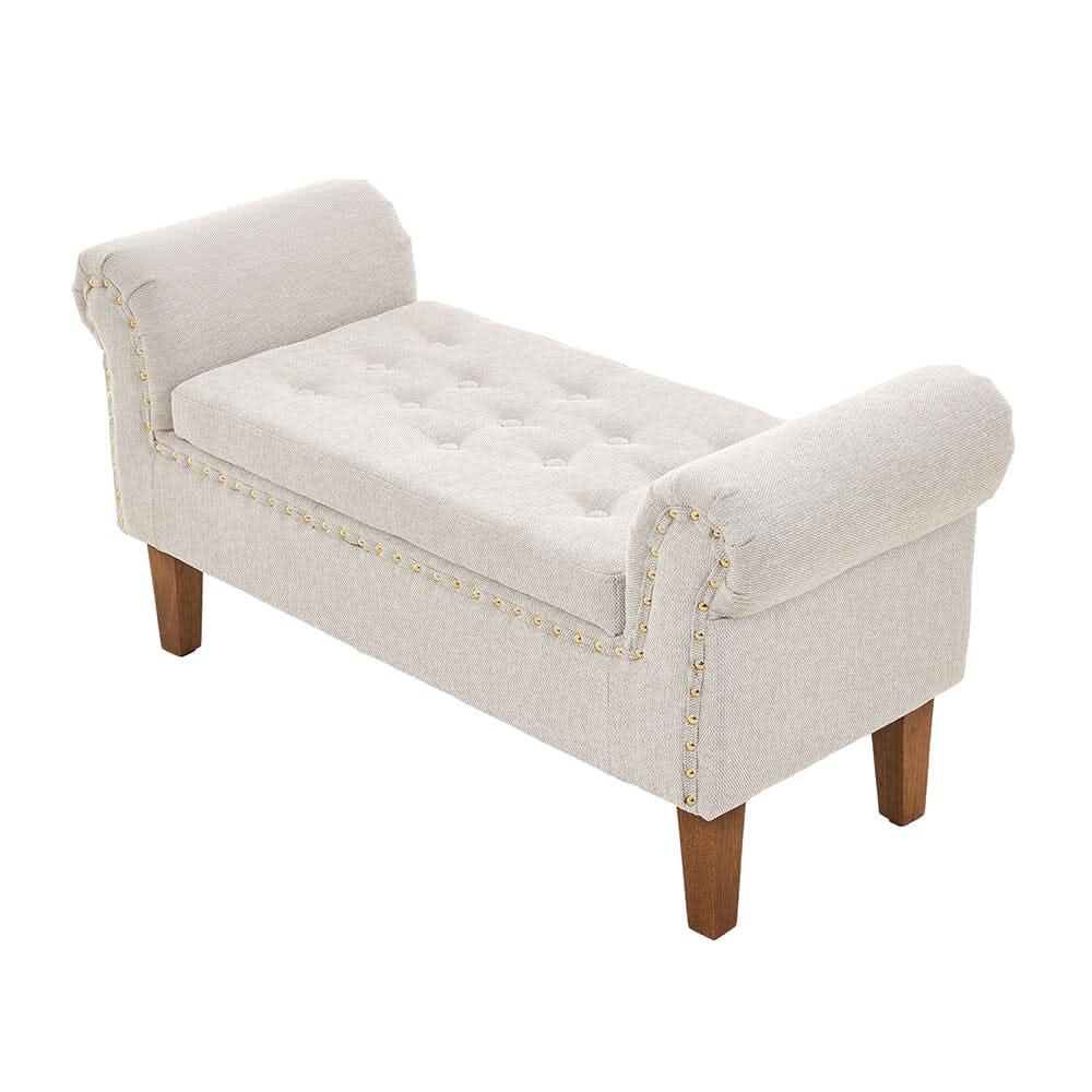 Grey Linen Storage Bench with Tufted Top, Walnut Legs &amp; Gold Studs