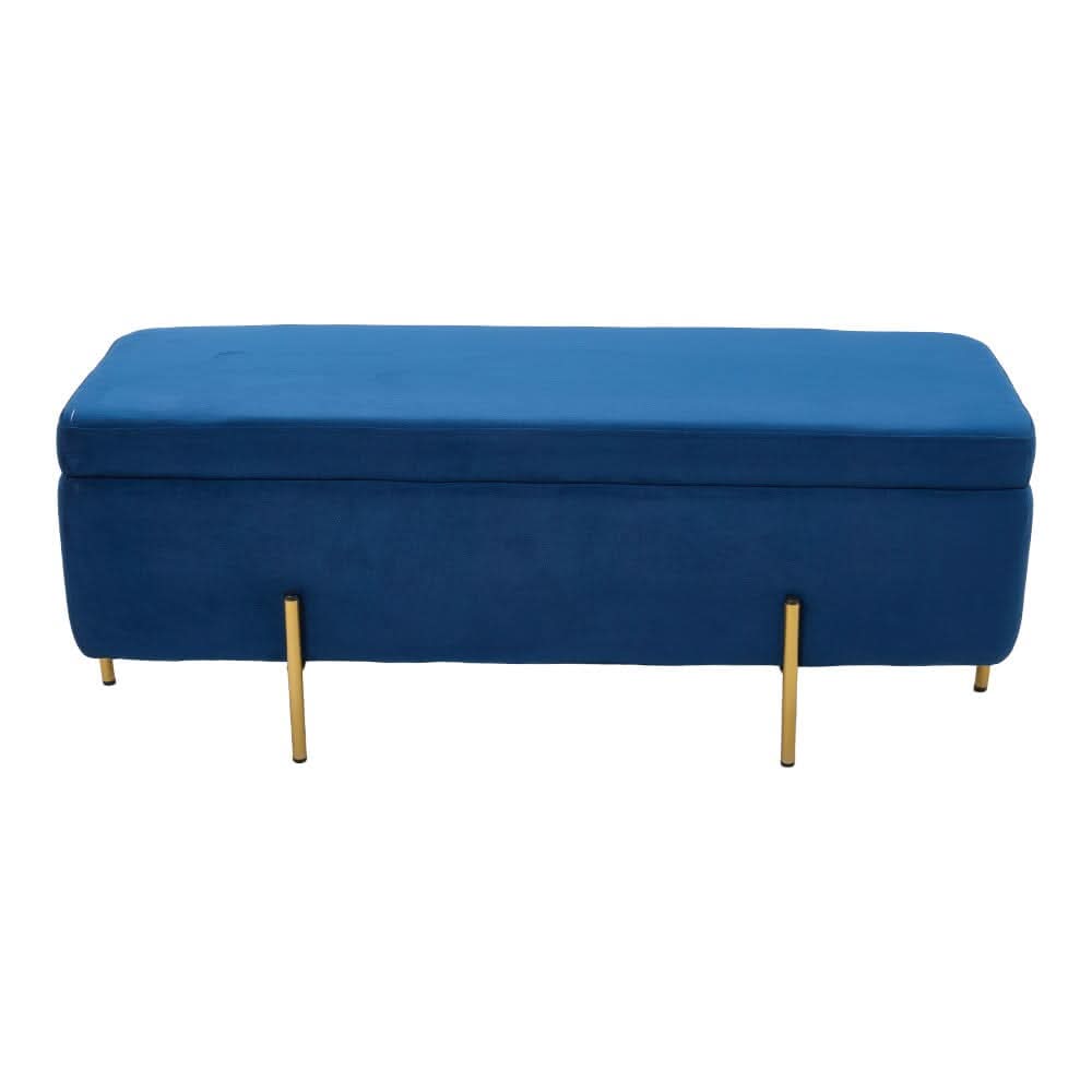 Royal Blue Velvet Storage Bench with Gold Metal Legs