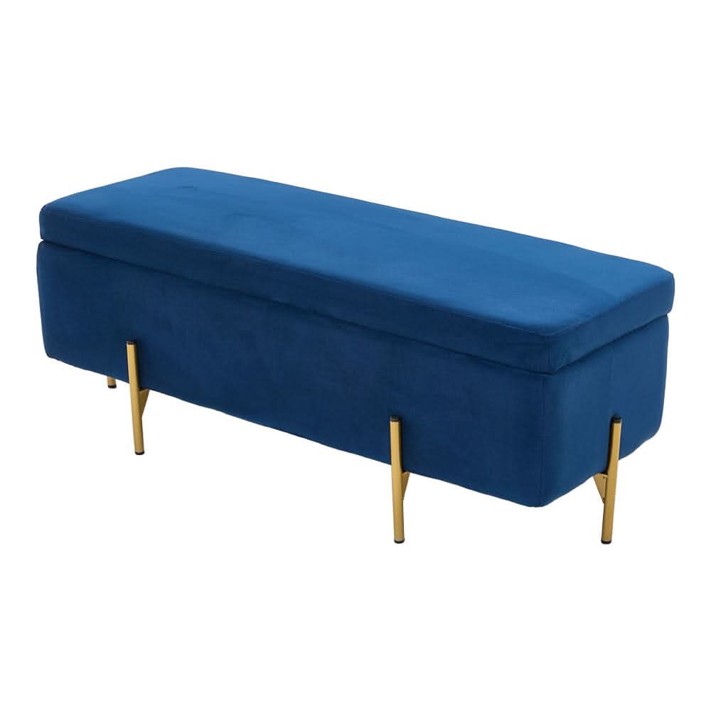 Royal Blue Velvet Storage Bench with Gold Metal Legs