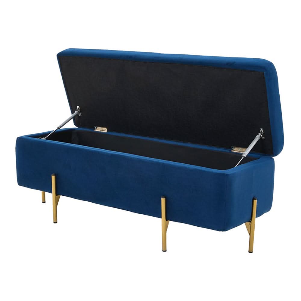 Royal Blue Velvet Storage Bench with Gold Metal Legs