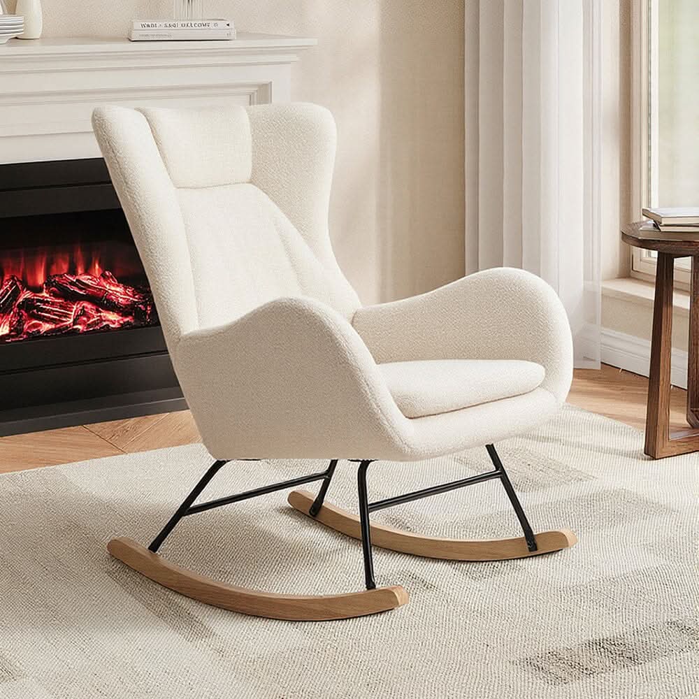 Modern Teddy Fabric Rocking Chair with Wooden Legs