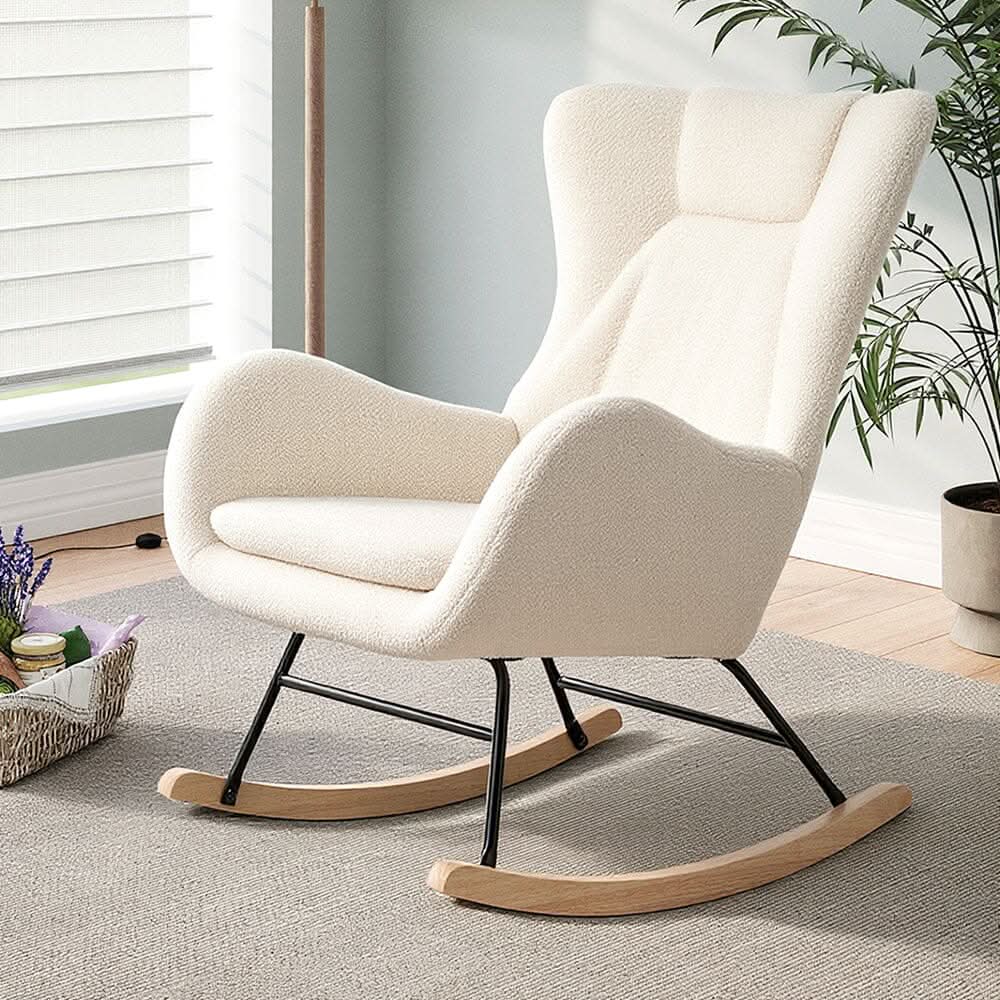 Modern Teddy Fabric Rocking Chair with Wooden Legs