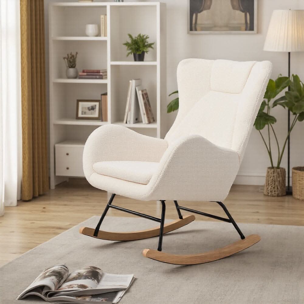 Modern Teddy Fabric Rocking Chair with Wooden Legs