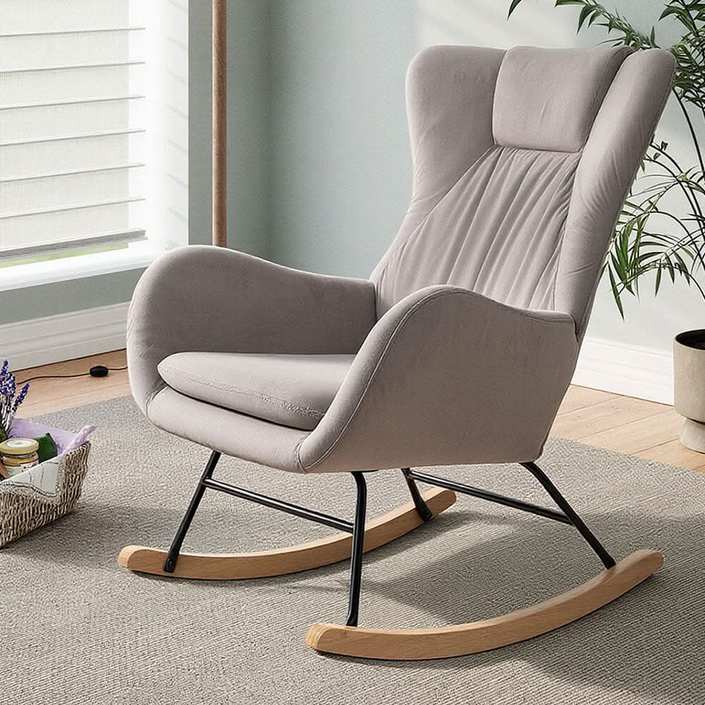 Modern Teddy Fabric Rocking Chair with Wooden Legs