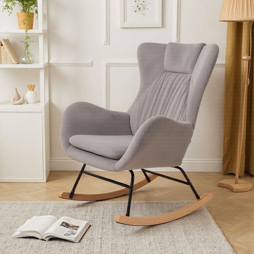 Modern Teddy Fabric Rocking Chair with Wooden Legs