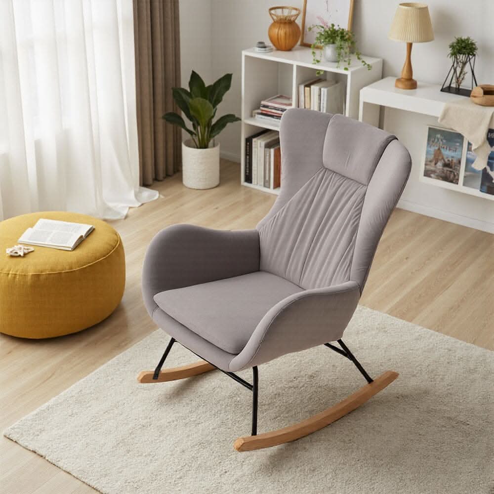 Modern Teddy Fabric Rocking Chair with Wooden Legs