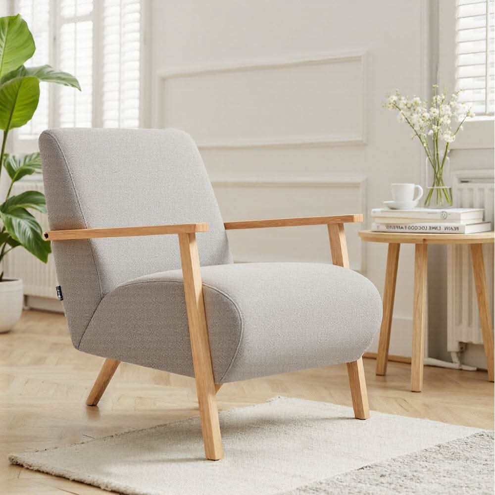 Scandinavian Accent Chair Chenille Fabric with Wooden Armrests