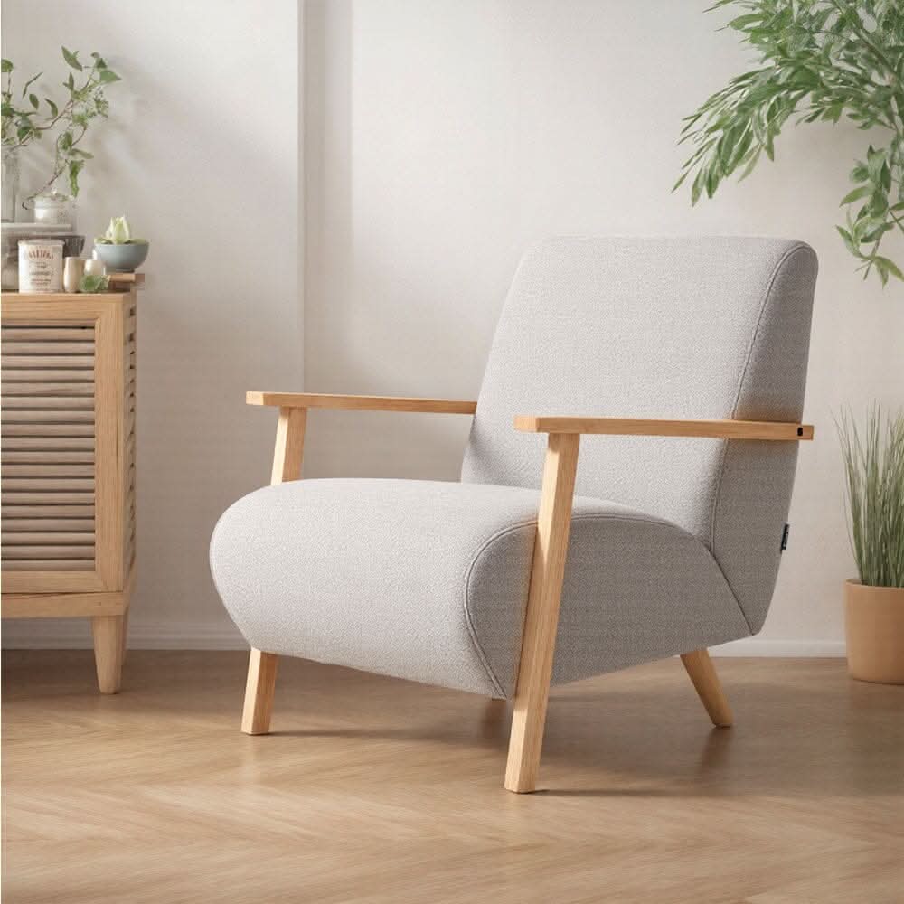 Scandinavian Accent Chair Chenille Fabric with Wooden Armrests