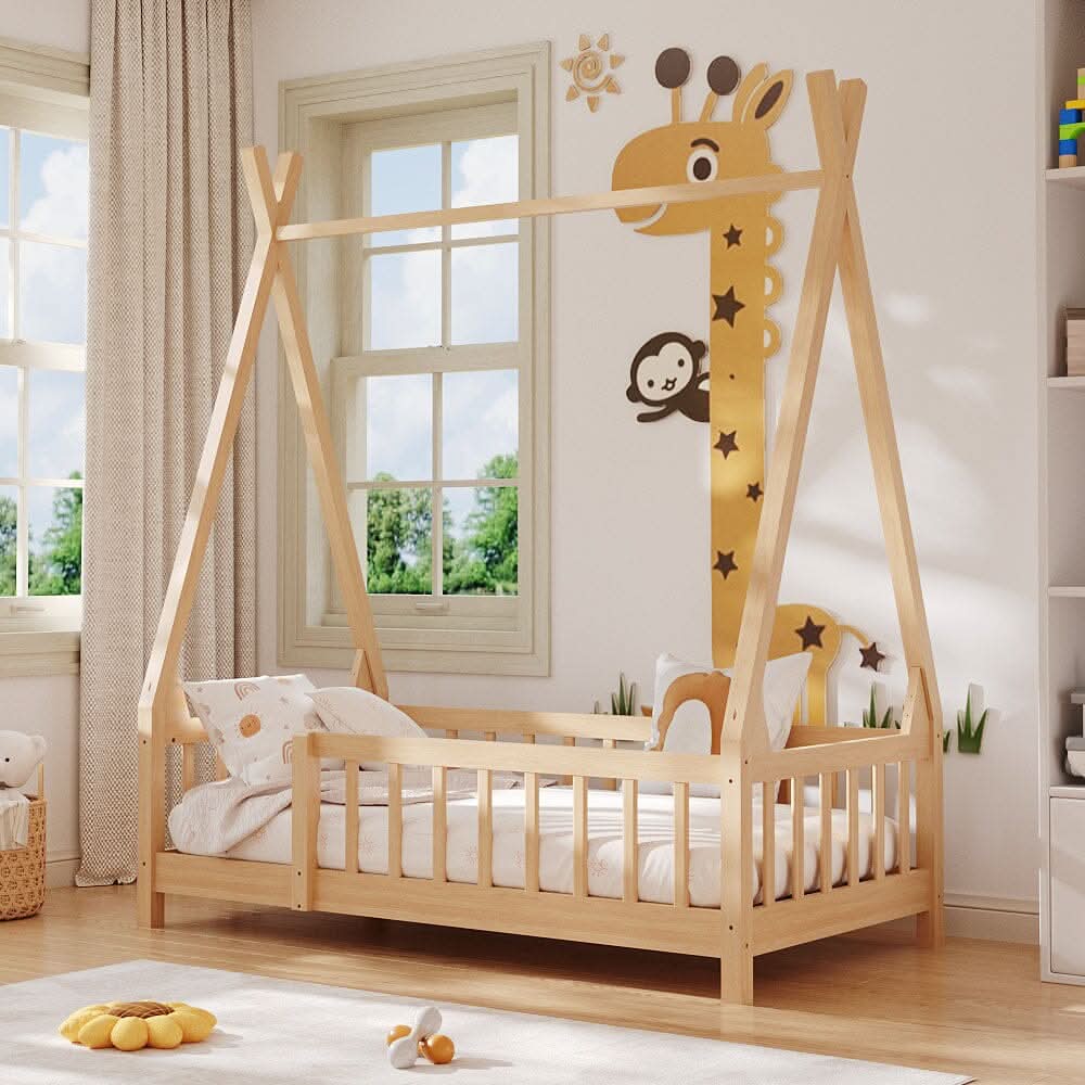 Wood House Bed Frame Low Platform Kids Bed with Safety Fence