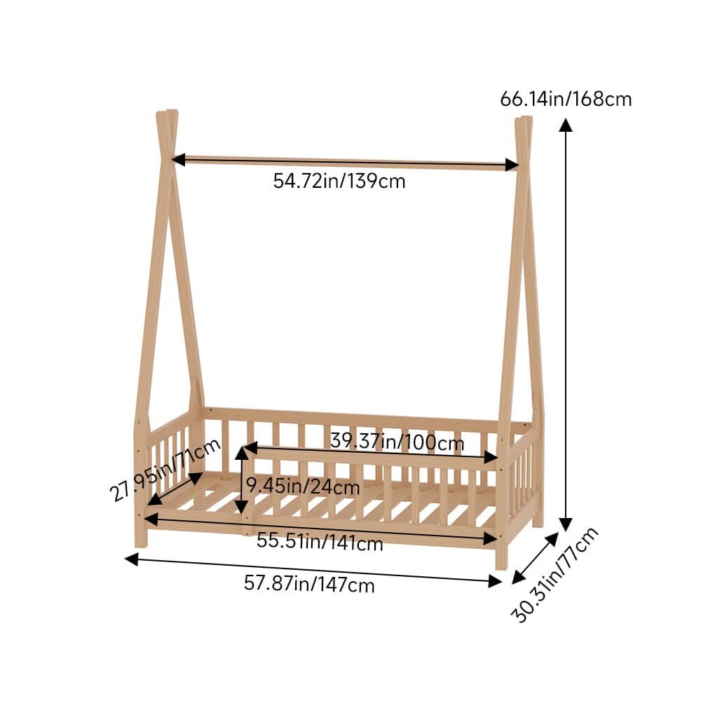 Wood House Bed Frame Low Platform Kids Bed with Safety Fence