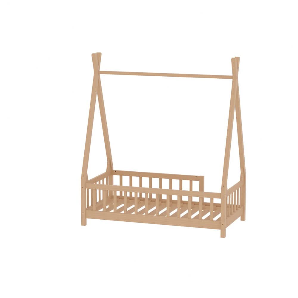 Wood House Bed Frame Low Platform Kids Bed with Safety Fence